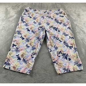 Coral Bay Woman 24W Tropical Palm Leaf Capri Pants Blue Pink Plus Size Stretch